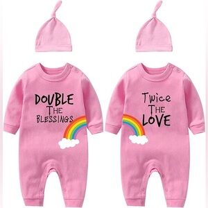 Baby Twins One Piece Set with Rainbow Design and matching knotted hat